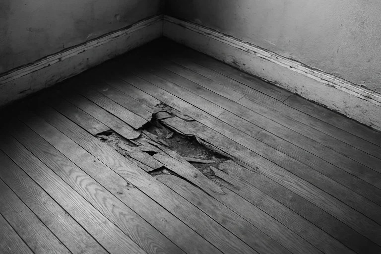 Sol endommagé avec plinthes détériorées dans un appartement insalubre en noir et blanc.