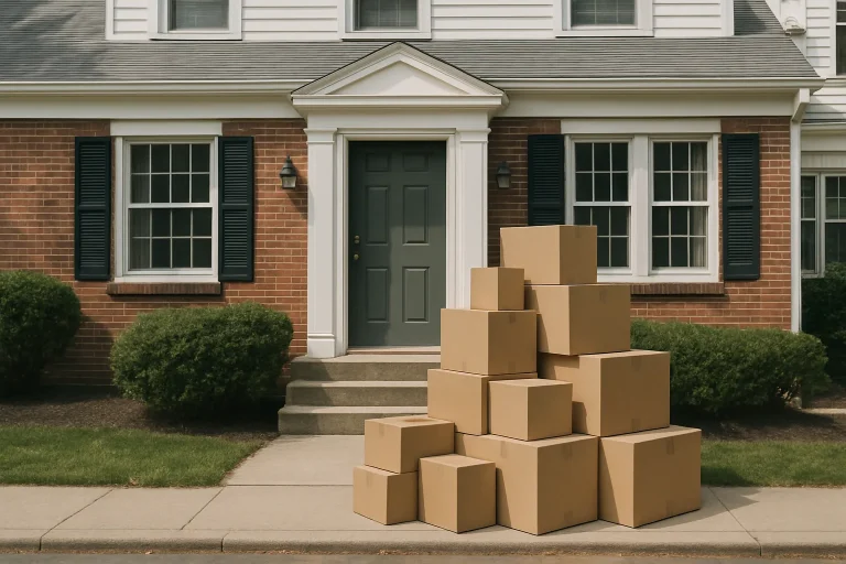 Maison entourée de cartons sur le trottoir, signifiant un déménagement imminent.