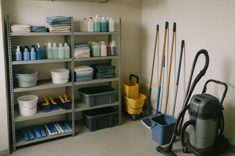 Local de stockage avec divers équipements de nettoyage sur des étagères.