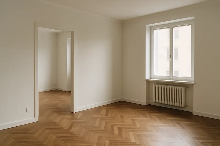 Intérieur d'un appartement vide avec murs peints et parquet rénové, lumière douce.