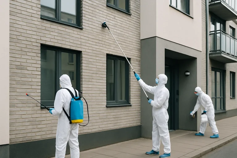 Équipe de nettoyage en action devant un immeuble urbain, portant des équipements de protection