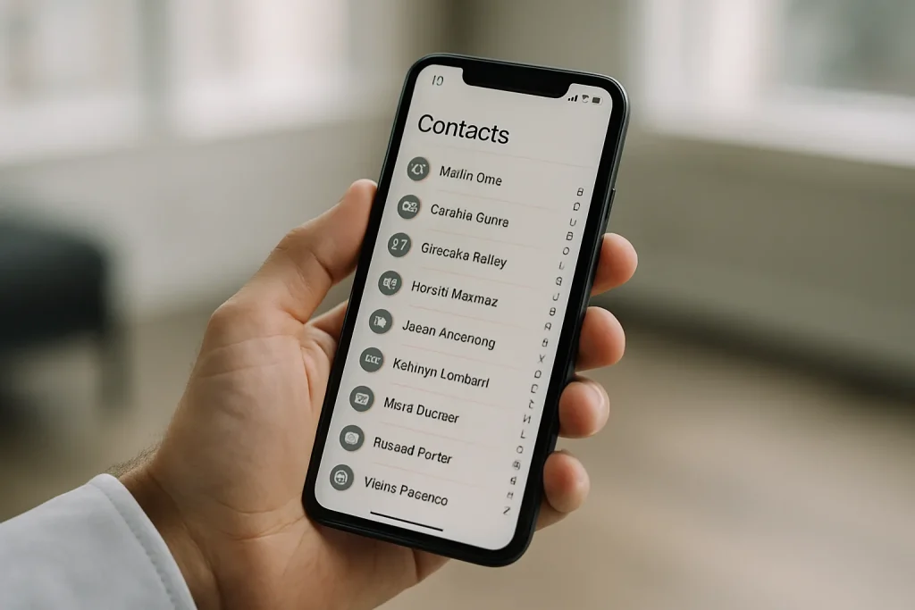 Gros plan sur une main tenant un téléphone affichant des contacts professionnels.