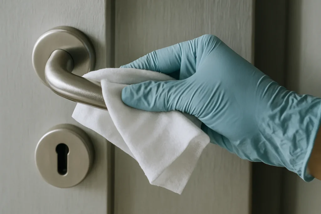 Main gantée nettoyant une poignée de porte métallique avec une lingette.