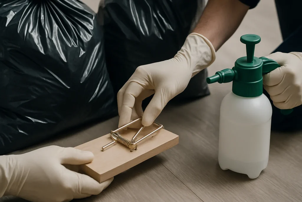 Mains gantées manipulant un piège à rat, sacs de déchets et pulvérisateur de désinfectant