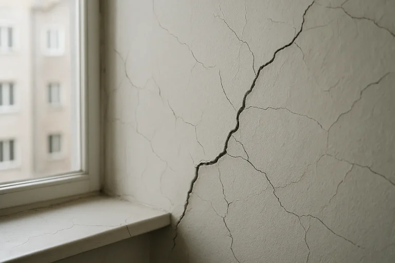 Fissures murales visibles dans un appartement après le retrait des déchets.