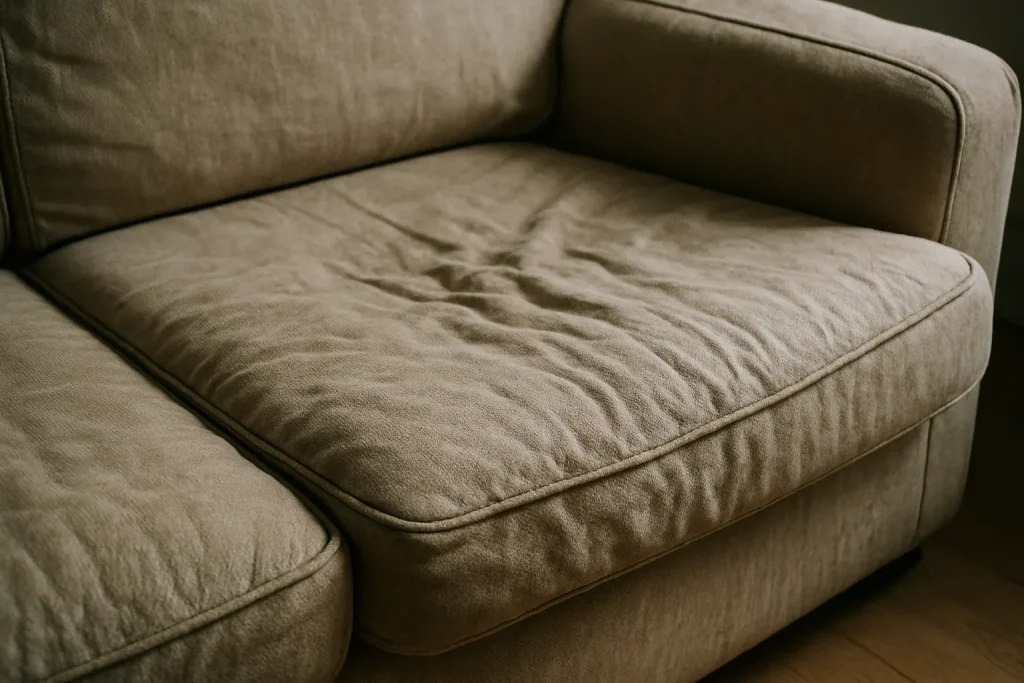 Gros plan d'un vieux canapé usé, possible cachette pour punaises de lit.