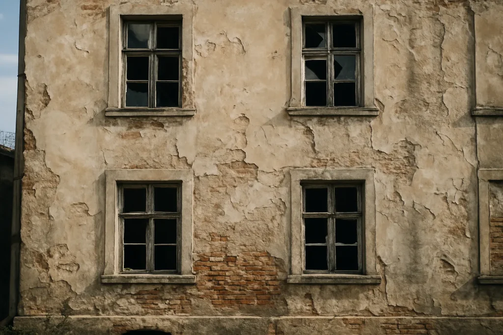 Façade d'un bâtiment dégradé, indicatif de la nécessité d'un dératiseur.